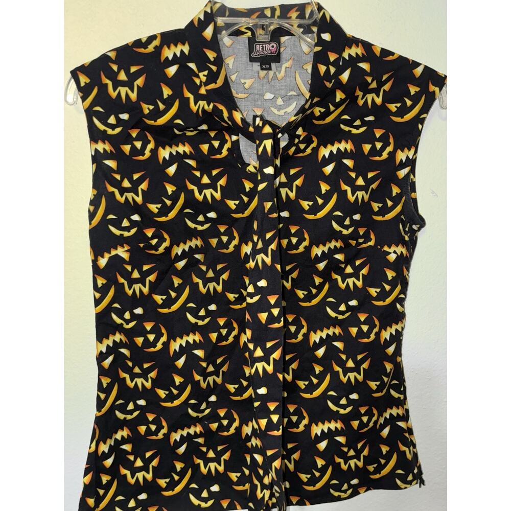 Retrolicious Jack O Lantern Halloween Top Shirt Sleeveless XS S Ties around Neck